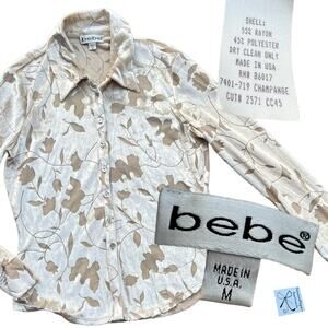 Bebe Champagne Velvet Mesh Sheer Button-up Top Sz M
